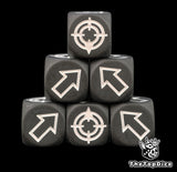 Matte black scatter dice stacked with white arrows, no shine coming back off the lamp