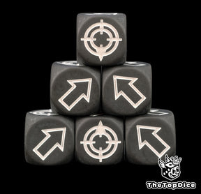 Matte black scatter dice stacked with white arrows, no shine coming back off the lamp