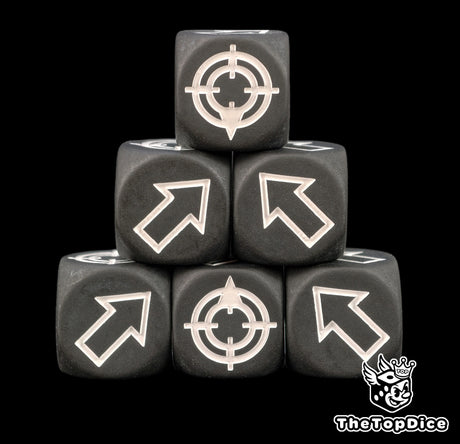 Matte black scatter dice stacked with white arrows, no shine coming back off the lamp