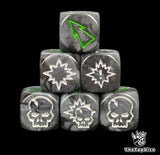 Close up of three black and grey orc 16mm block dice with green pips for resolving blocks