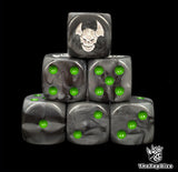 Close up of two black D6 with a silver orc face logo on the six face for fantasy football