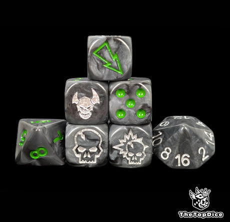 Black and grey orc fantasy football dice set of seven 16mm resin dice compatible with Blood Bowl