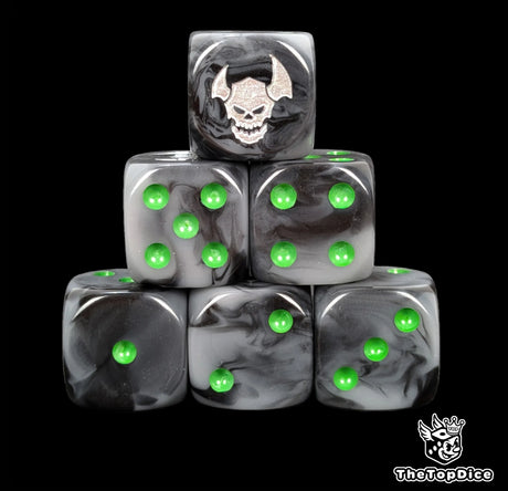 Black 16mm D6 dice with a silver orc face emblem and green pips for fantasy wargaming