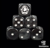 Black 16mm D6 dice with a white hand orc face emblem and silver pips for epic fantasy wargames