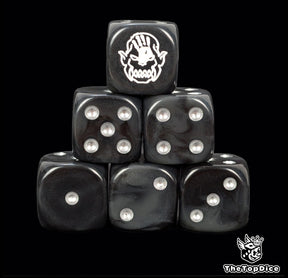 Black 16mm D6 dice with a white hand orc face emblem and silver pips for epic fantasy wargames