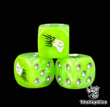Three green Kroot dice with a white beaked head and silver pips