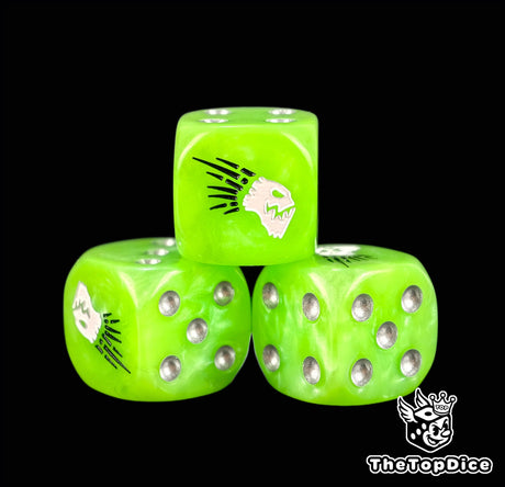 Three green Kroot dice with a white beaked head and silver pips