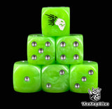 Six lime green Kroot D6 stacked, silver pips and black quills