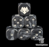 Black and grey 16mm D6 dice with a white raven emblem and silver pips for sci-fi wargaming