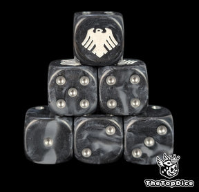 Black and grey 16mm D6 dice with a white raven emblem and silver pips for sci-fi wargaming