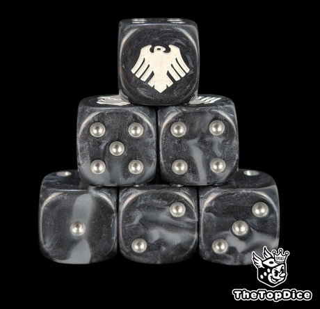 Black and grey 16mm D6 dice with a white raven emblem and silver pips for sci-fi wargaming