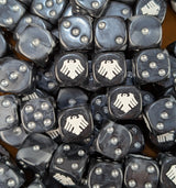 Pile of black and grey raven 16mm D6 dice for a sci-fi stealth army