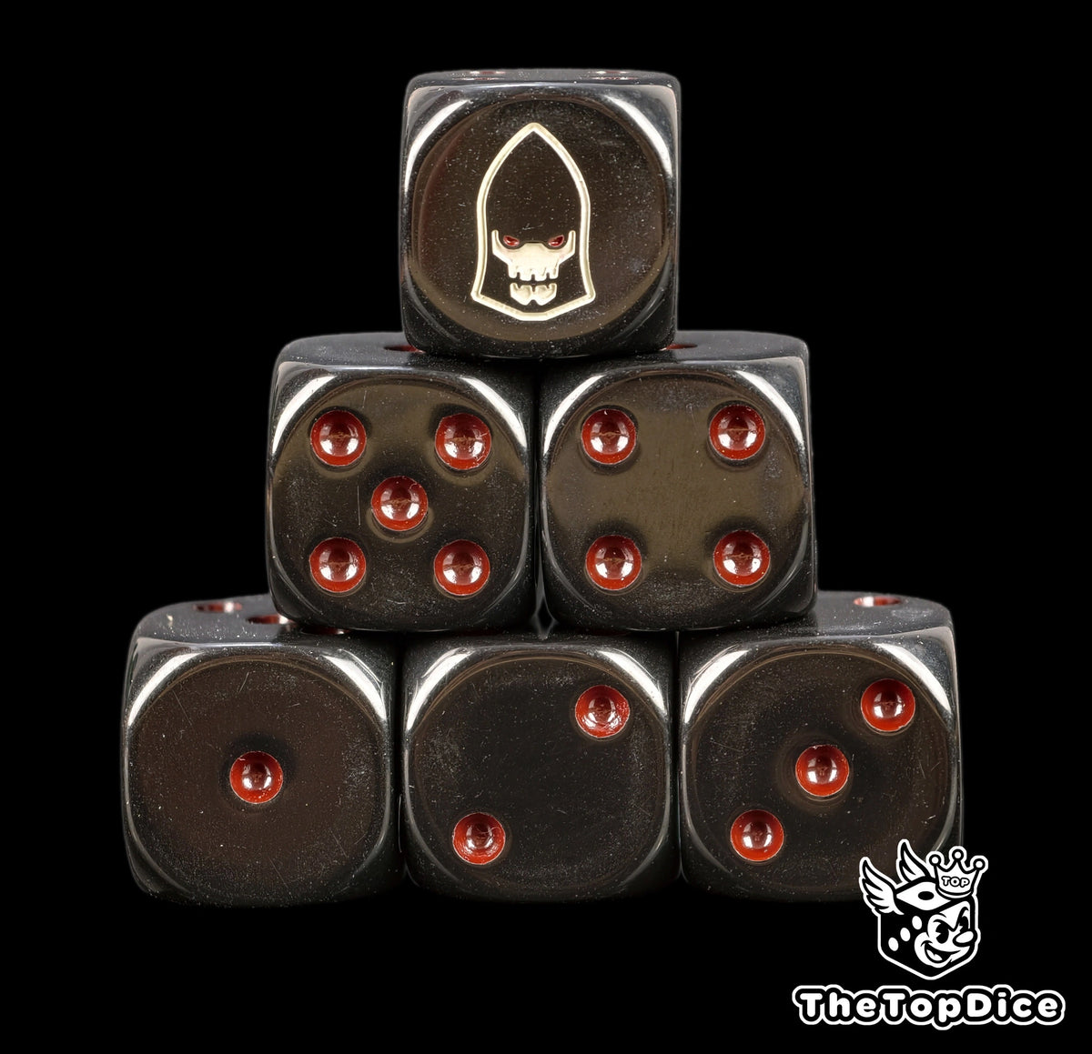 Six black Dark Reapers D6 stacked, pale helm emblem and red pips