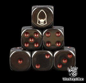 Six black Dark Reapers D6 stacked, pale helm emblem and red pips
