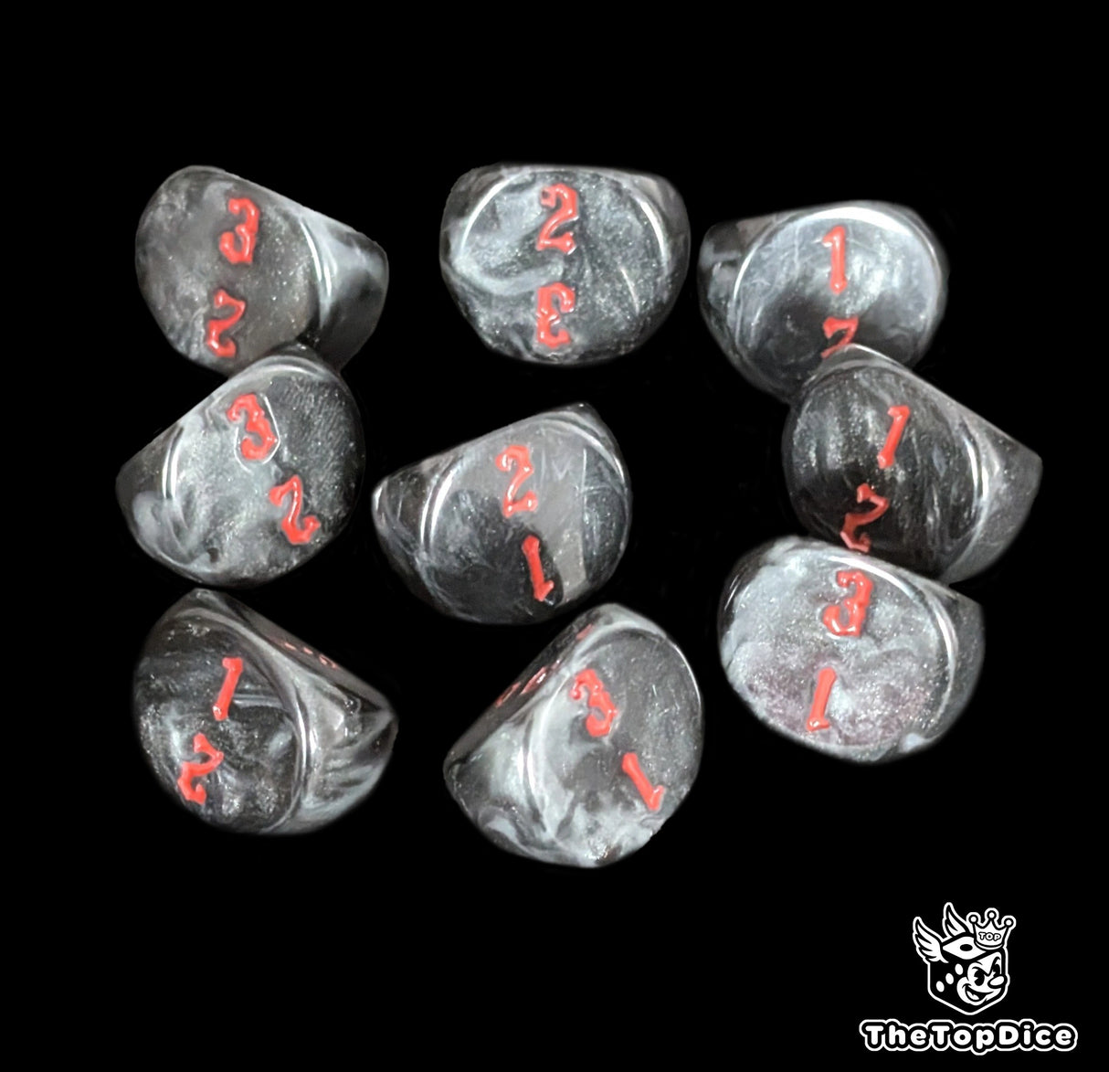 Black 16mm D3 dice with red numbers 1 to 3 for tabletop and wargames