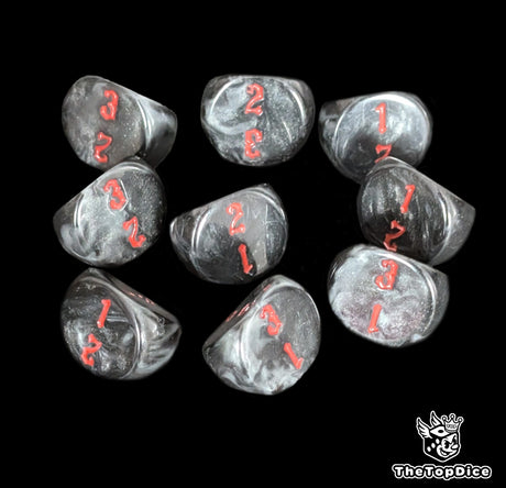 Black 16mm D3 dice with red numbers 1 to 3 for tabletop and wargames