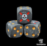 Black and red 16mm resin D6 dice engraved with a fallen angel skull for sci-fi skirmish games