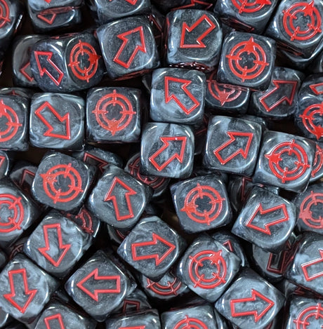 Pile of black and grey scatter dice for tabletop battles