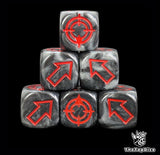 Black and grey 16mm scatter dice with red arrows and hit faces for wargames