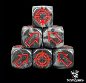 Black and grey 16mm scatter dice with red arrows and hit faces for wargames