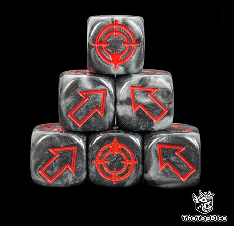 Black and grey 16mm scatter dice with red arrows and hit faces for wargames