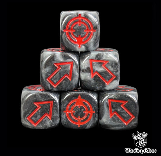 Black and grey 16mm scatter dice with red arrows and hit faces for wargames