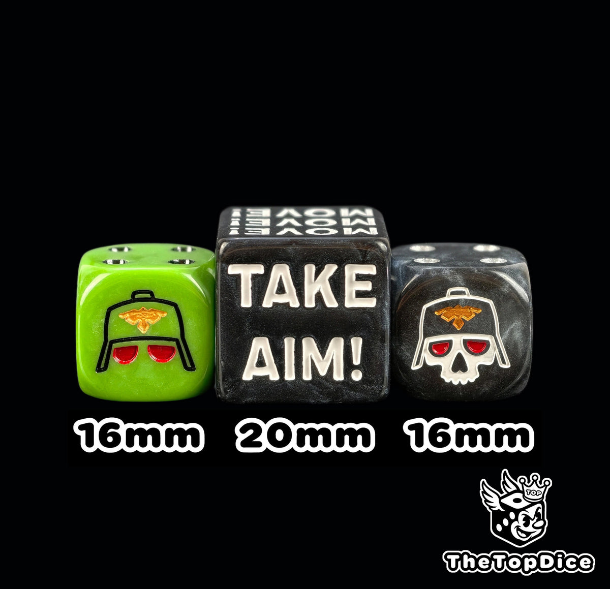 Black 20mm take aim command token between two 16mm guard helmet dice in green and black, size comparison