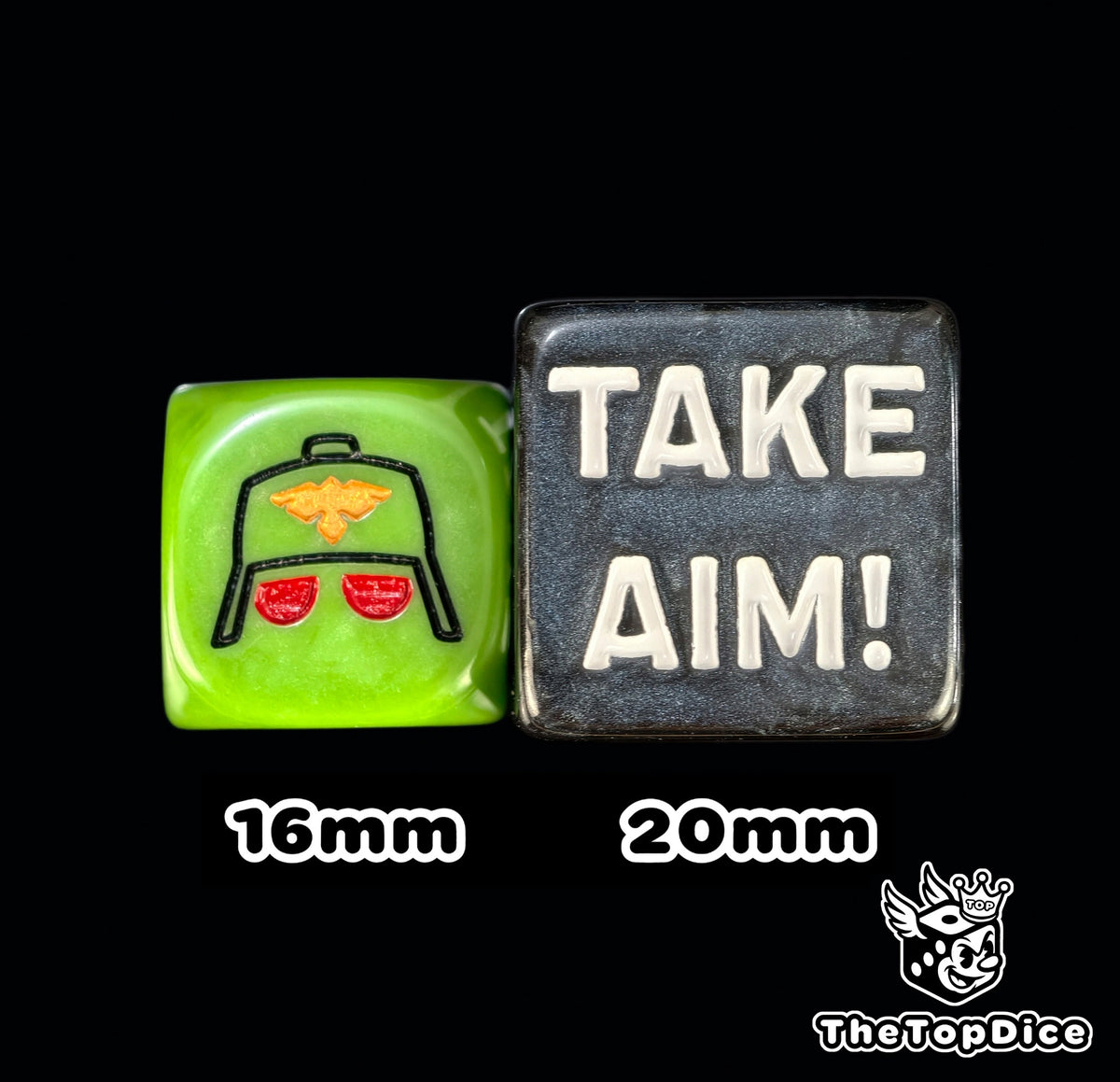 Black 20mm take aim command token next to a green 16mm guard helmet die, size comparison
