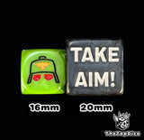 Black 20mm take aim command token next to a green 16mm guard helmet die, size comparison