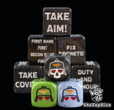 Black 20mm command tokens behind three smaller guard helmet dice in black, green and pale blue
