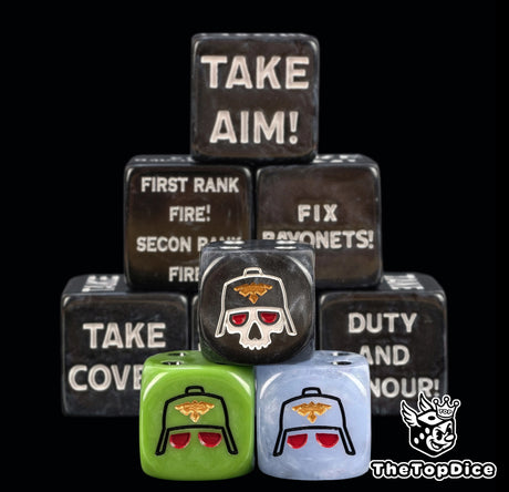 Black 20mm command tokens behind three smaller guard helmet dice in black, green and pale blue