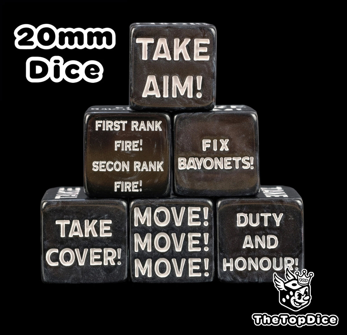 Order dice for Astra Militarum and Krieg, black 20mm tokens stacked in a pyramid with white command orders