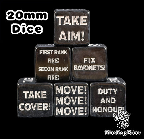 Order dice for Astra Militarum and Krieg, black 20mm tokens stacked in a pyramid with white command orders