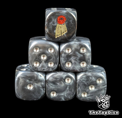 Black 16mm D6 dice with a beige scroll and red wax seal emblem and silver pips for sci-fi wargaming