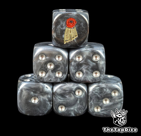 Black 16mm D6 dice with a beige scroll and red wax seal emblem and silver pips for sci-fi wargaming