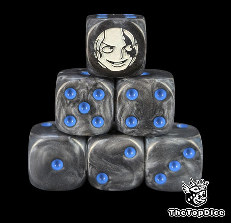Black 16mm D6 counter dice with a white fighter emblem and blue pips for anime pirate TCG