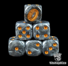Black semi clear 16mm D6 dice with a gold ring emblem and gold pips for epic fantasy wargames