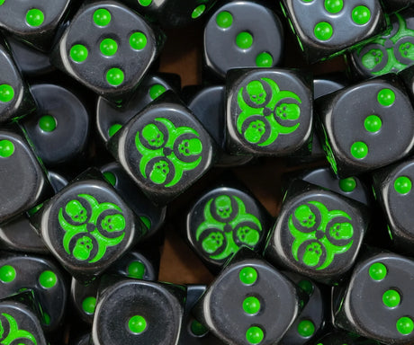 A pile of black Death Guard dice, green skull hazards and green pips repeating