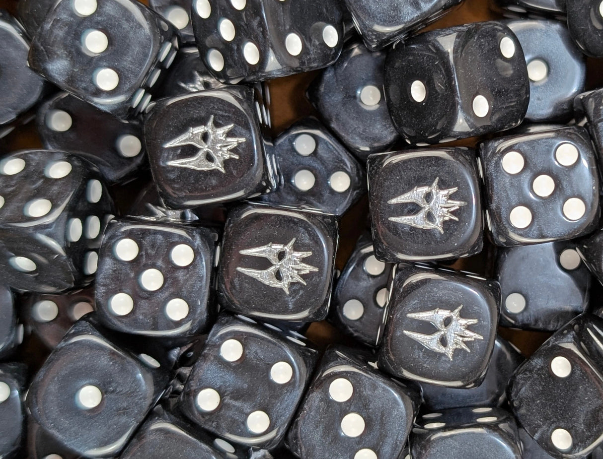 Pile of black shadow wraith 16mm D6 dice for a dark fantasy miniature army