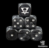 Black 16mm D6 dice with a triangle skull biting a white knife emblem and silver pips for sci-fi wargaming
