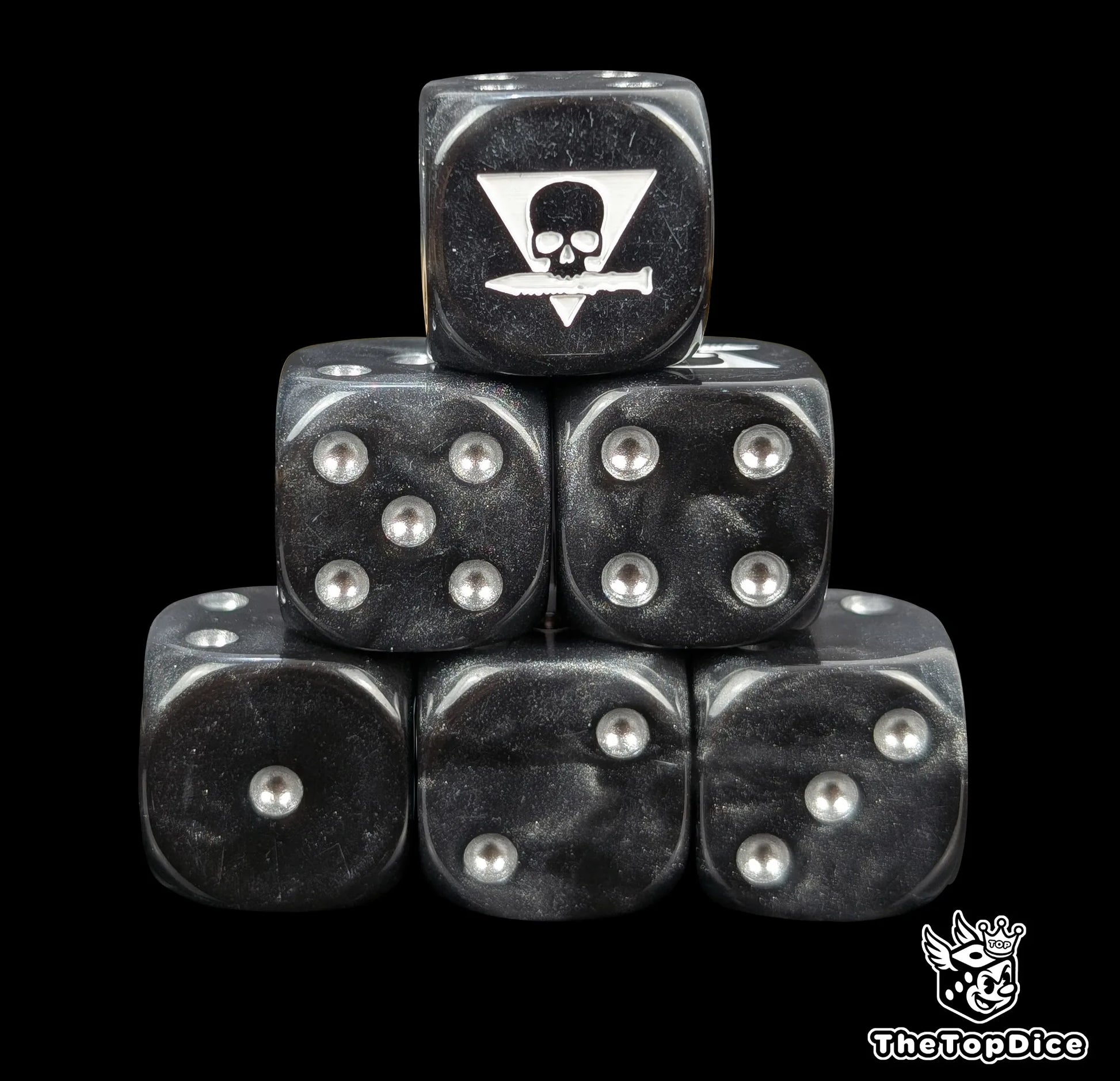 Black 16mm D6 dice with a triangle skull biting a white knife emblem and silver pips for sci-fi wargaming