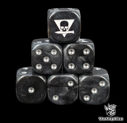 Black 16mm D6 dice with a triangle skull biting a white knife emblem and silver pips for sci-fi wargaming