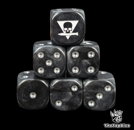 Black 16mm D6 dice with a triangle skull biting a white knife emblem and silver pips for sci-fi wargaming