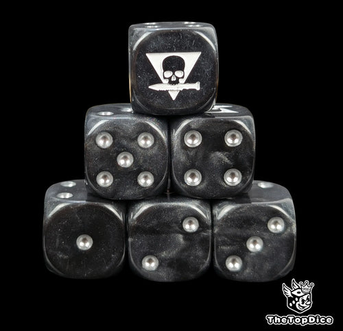 Black Kill Team D6 under a skull biting a white knife, silver pips