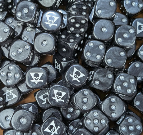 Pile of black skull squad 16mm D6 dice for a sci-fi skirmish team