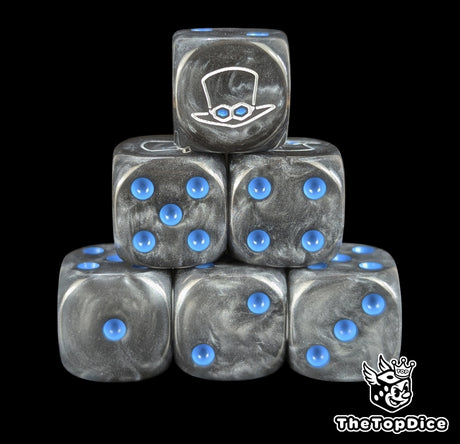 Black 16mm D6 counter dice with a white top hat emblem and blue pips for anime pirate TCG