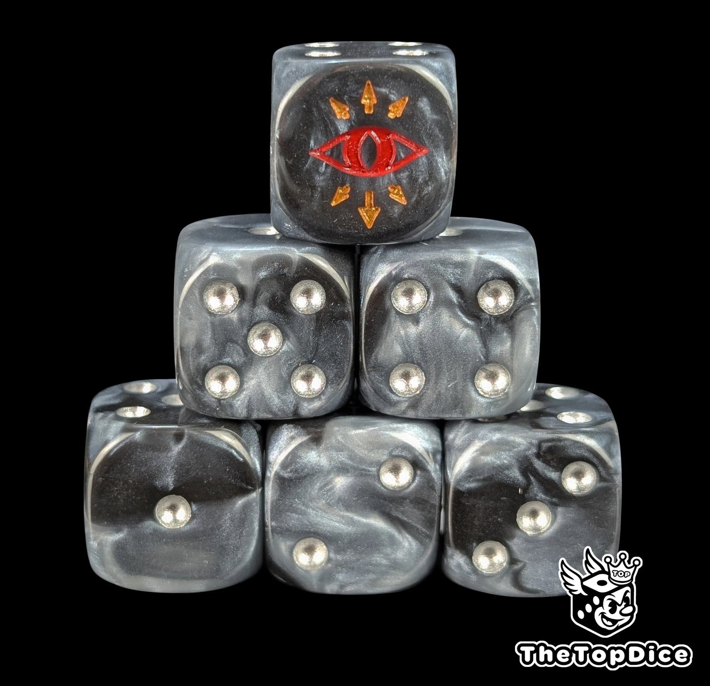 Black and grey 16mm D6 dice with a red traitor eye emblem and silver pips for sci-fi wargaming