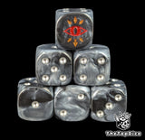 Black and grey 16mm D6 dice with a red traitor eye emblem and silver pips for sci-fi wargaming