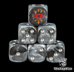 Black and grey 16mm D6 dice with a red traitor eye emblem and silver pips for sci-fi wargaming