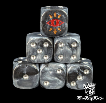 Black and grey 16mm D6 dice with a red traitor eye emblem and silver pips for sci-fi wargaming
